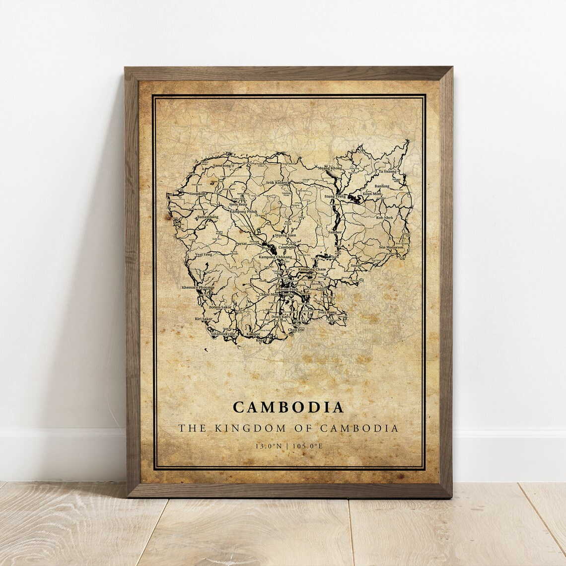 Cambodia Vintage Map Poster Print, Country Map