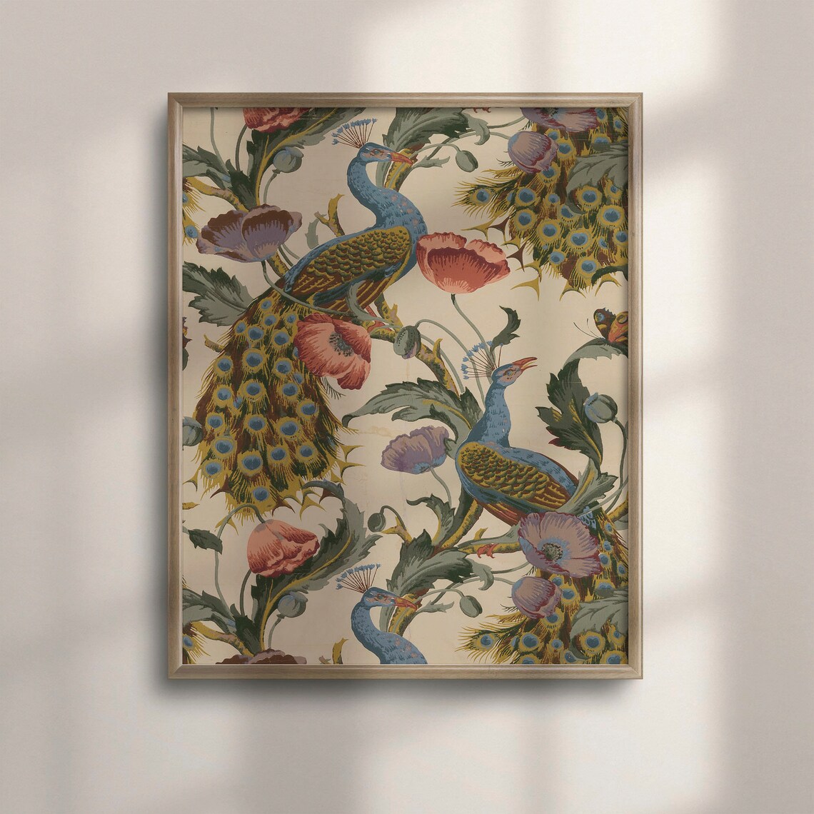 Vintage Peacock And Poppies Botanical Bird Art Print