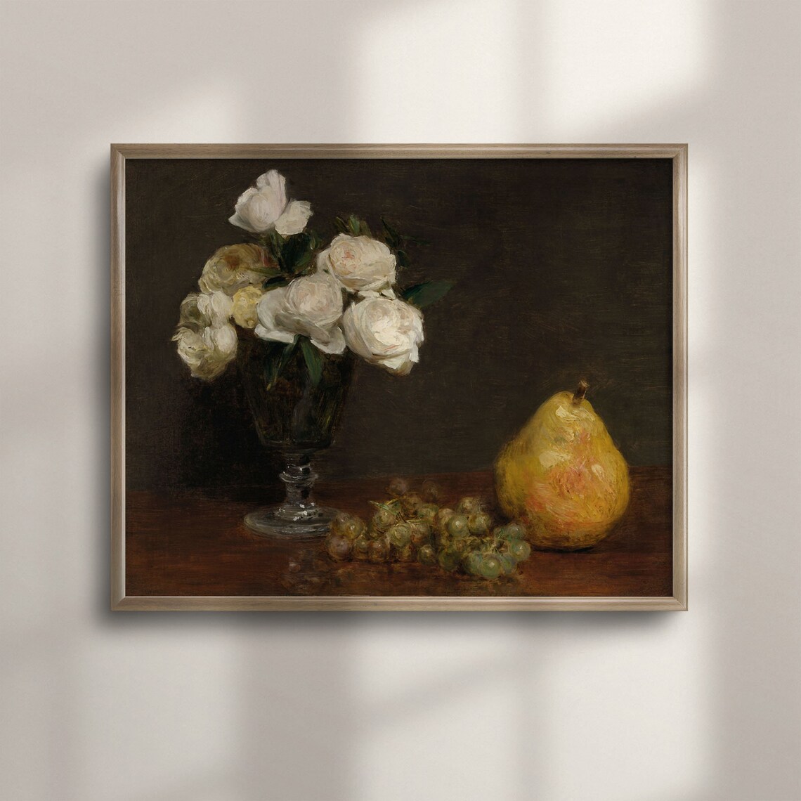 White Roses Grapes and Pear Vintage Still Life Oil Painting Poster