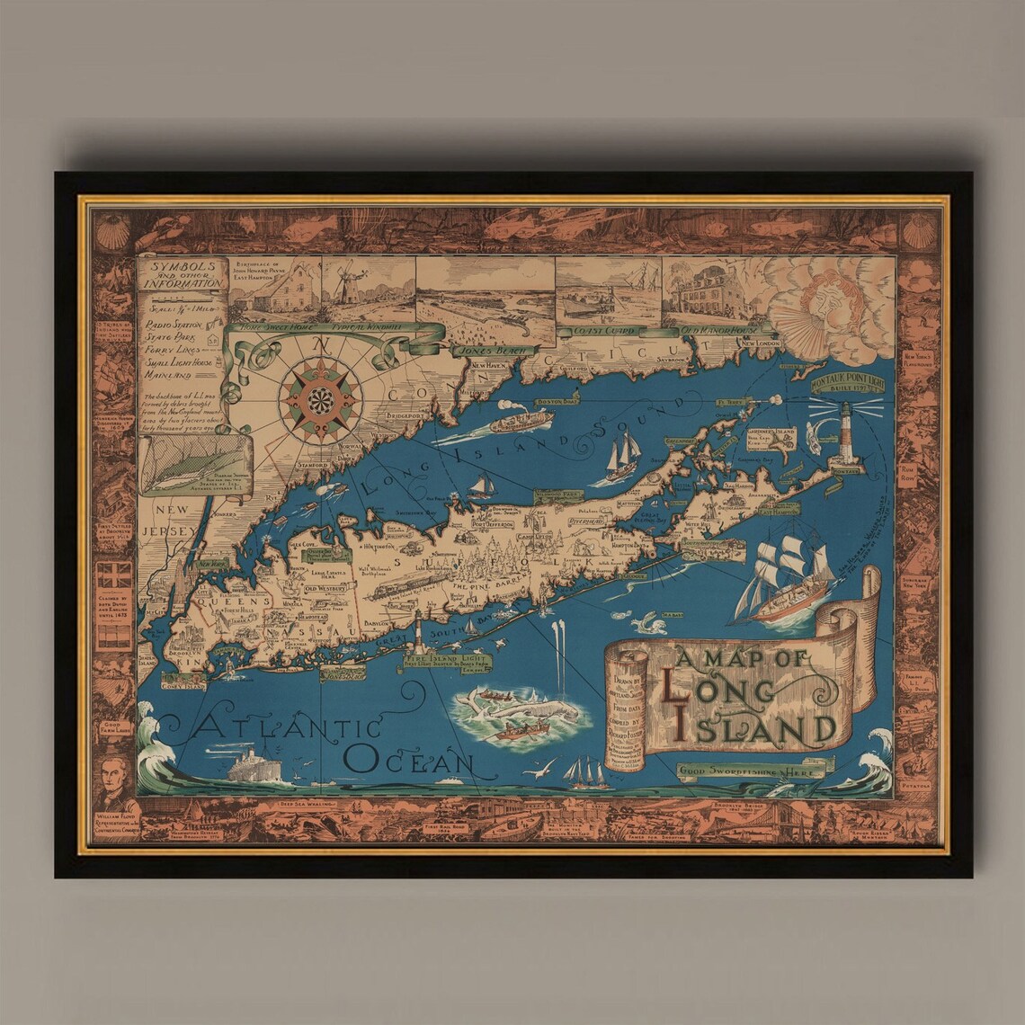 Long Island Classic Pictorial Historic Map, Vintage Print
