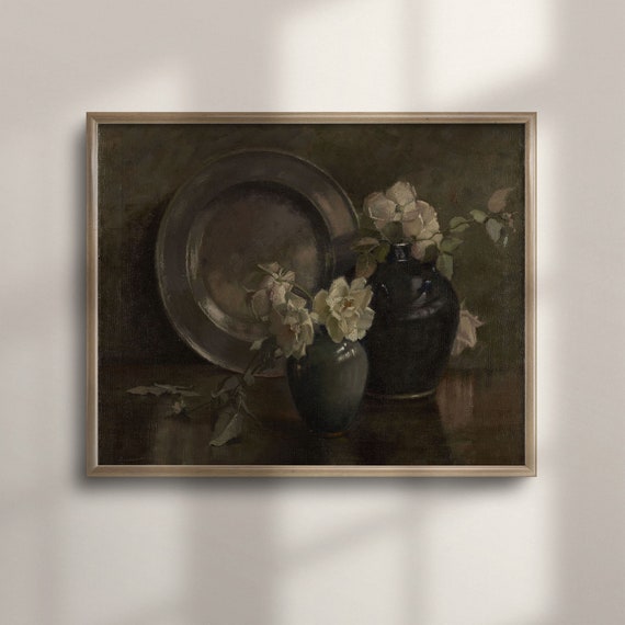 Moody Floral Still Life Oil Painting Vintage Neutral Flower Wall Art Dark Academia Home Decor C16 404