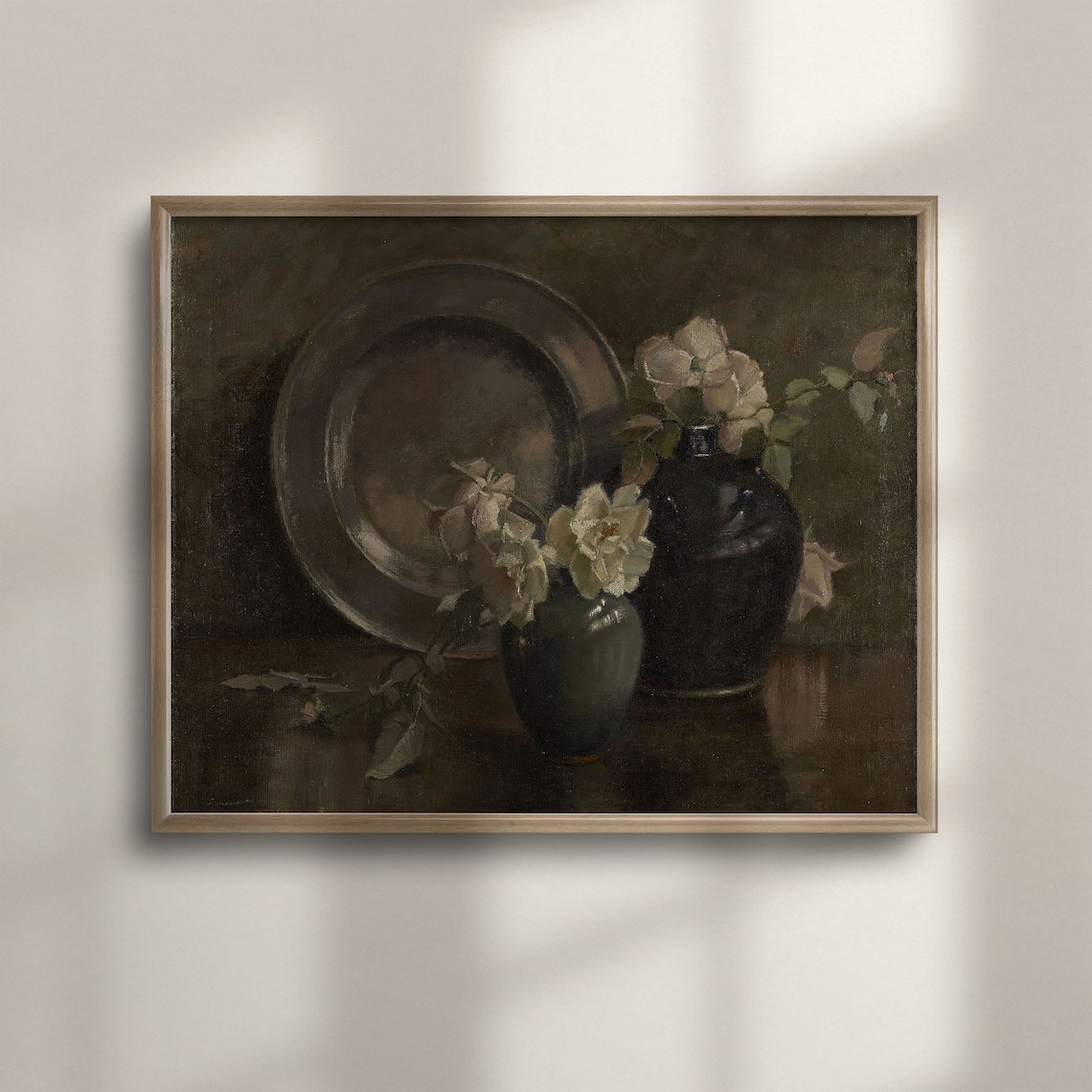 Moody White Roses Floral Still Life Dark Vintage Oil Painting Poster