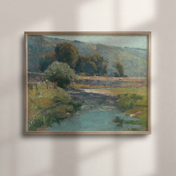 Enchanting River And Meadow Landscape Painting Vintage Farmhouse Wall Art Countryside Cottage Decor C16 612