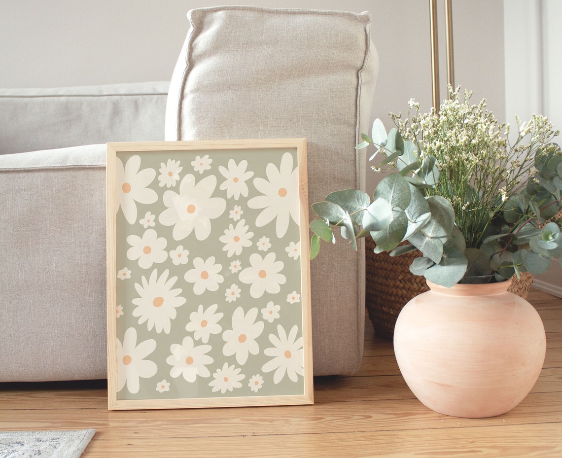White Daisy Pattern Sage Green Botanical Floral Nursery Wall Poster - Image 3