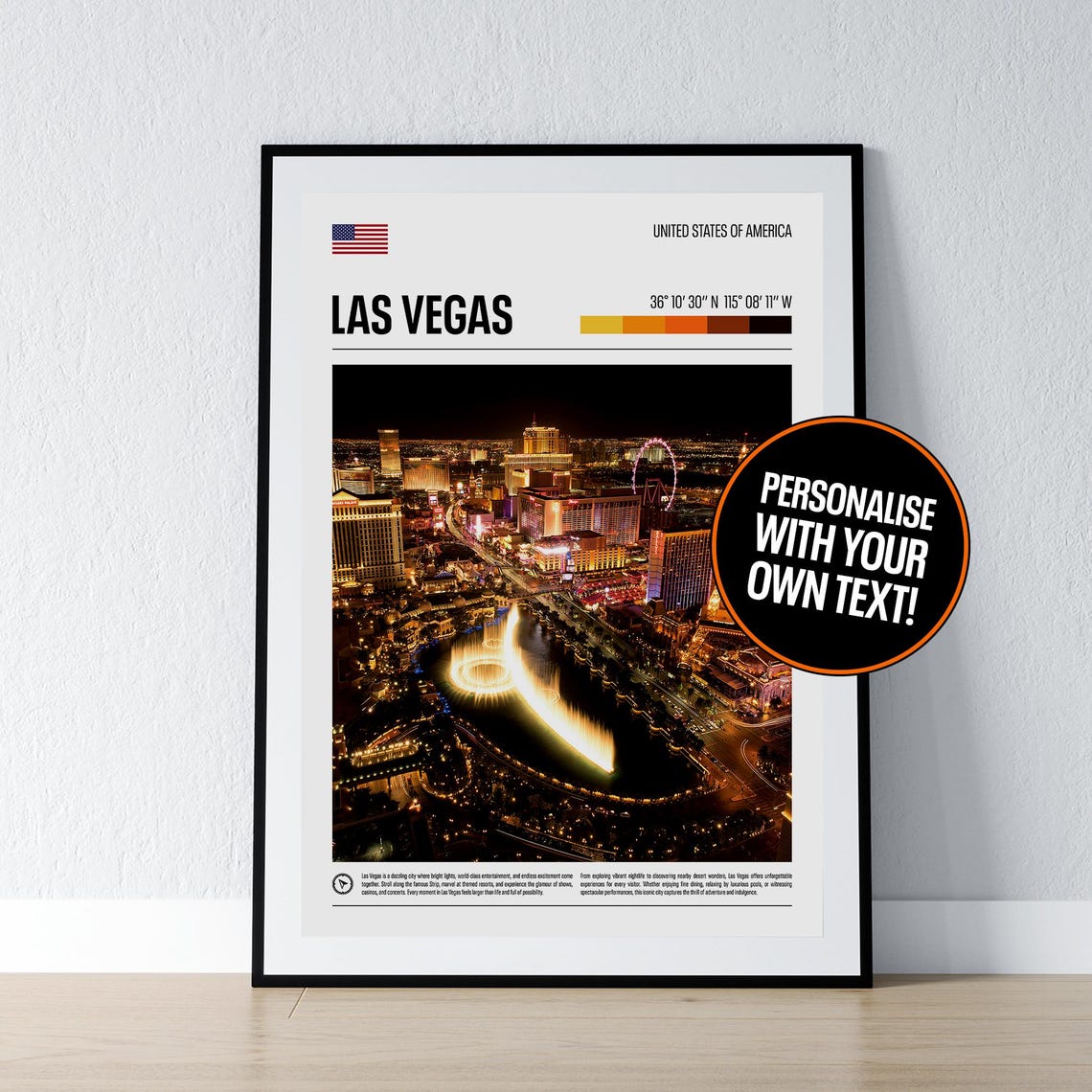 Las Vegas Night Aerial Fountains Strip Coordinates Travel Poster