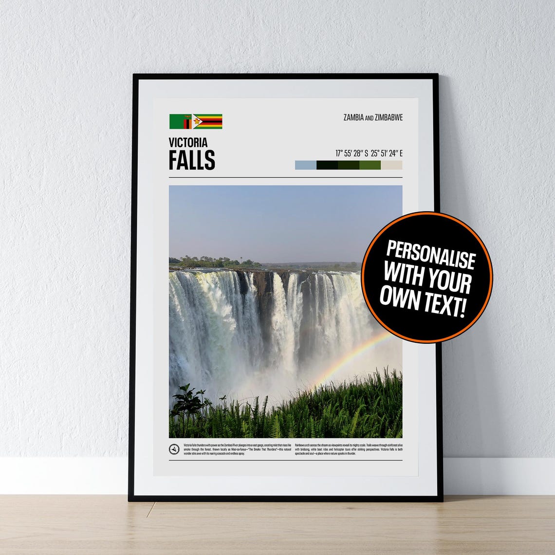 Victoria Falls Rainbow Mist Coordinates Travel Photo Poster Gift