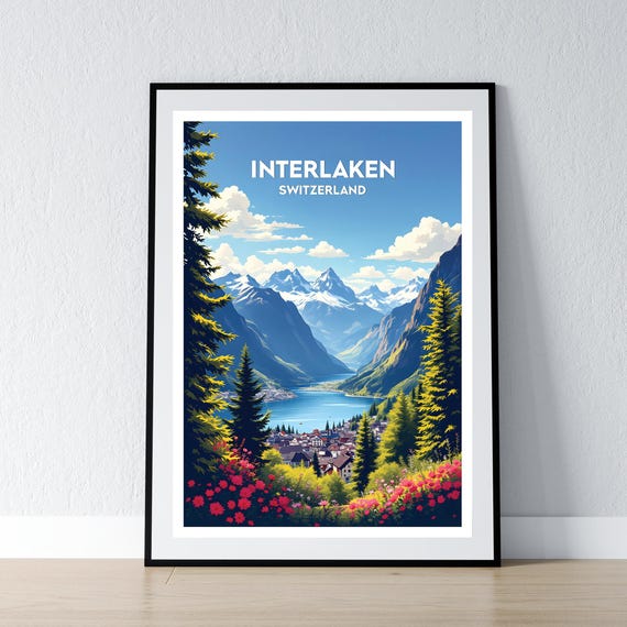 Interlaken Poster Print Switzerland Swiss Alps Wall Art Gift Travel Home Decor Illustration