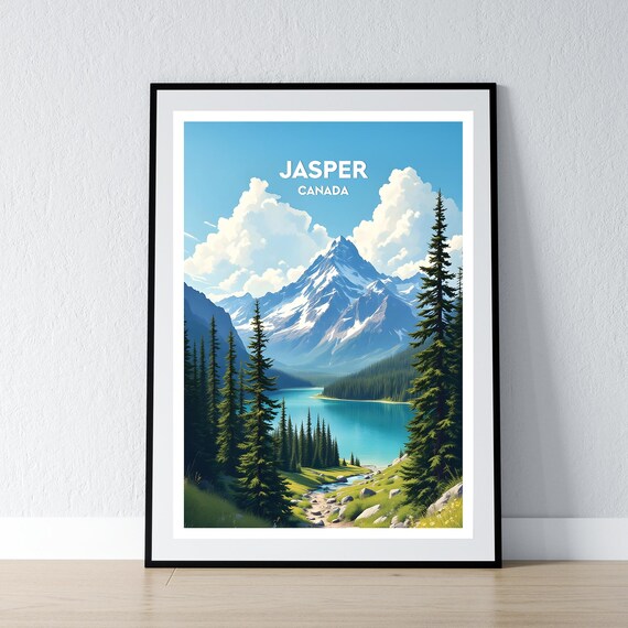 Jasper Canada Turquoise Lake Snowy Peak and Pine Forest Travel Poster