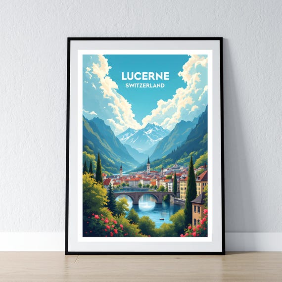 Lucerne Poster Switzerland Print Swiss Wall Art Gift Travel Home Decor Illustration