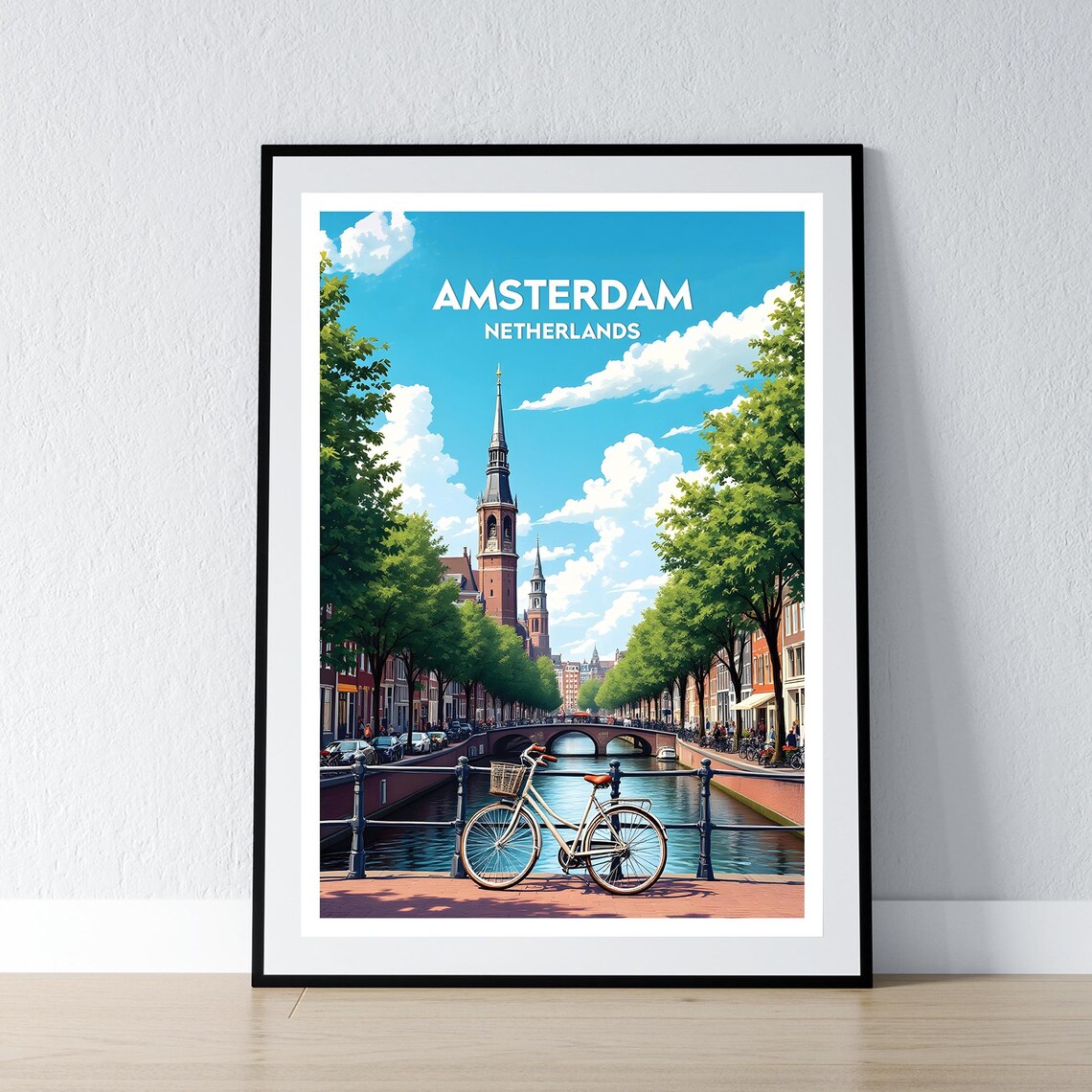 Amsterdam Netherlands Canal Bicycle Bridge Sunny Travel Poster