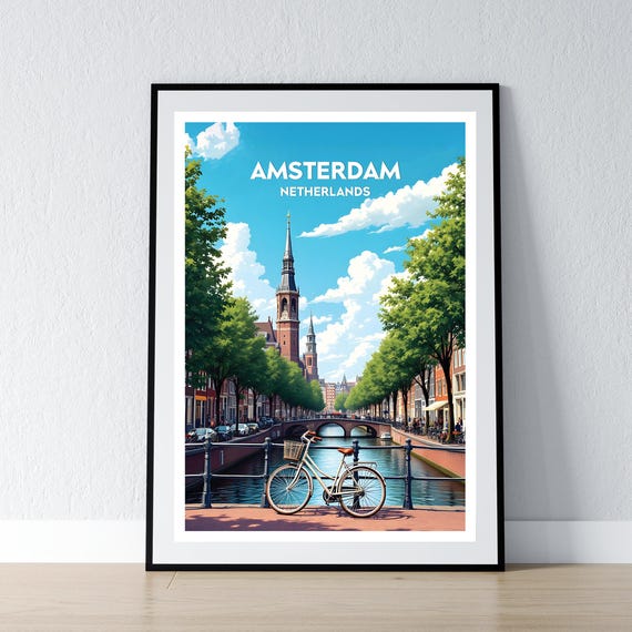 Amsterdam Poster Netherlands Print Dutch Wall Art Gift Travel Home Decor Illustration