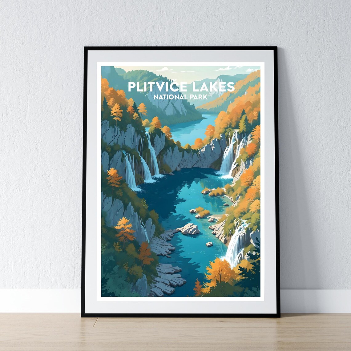 Plitvice Lakes National Park Autumn Waterfall Travel Art Poster