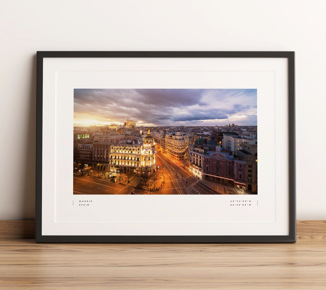 Madrid Spain Sunset Cityscape Aerial Coordinates Photo Print