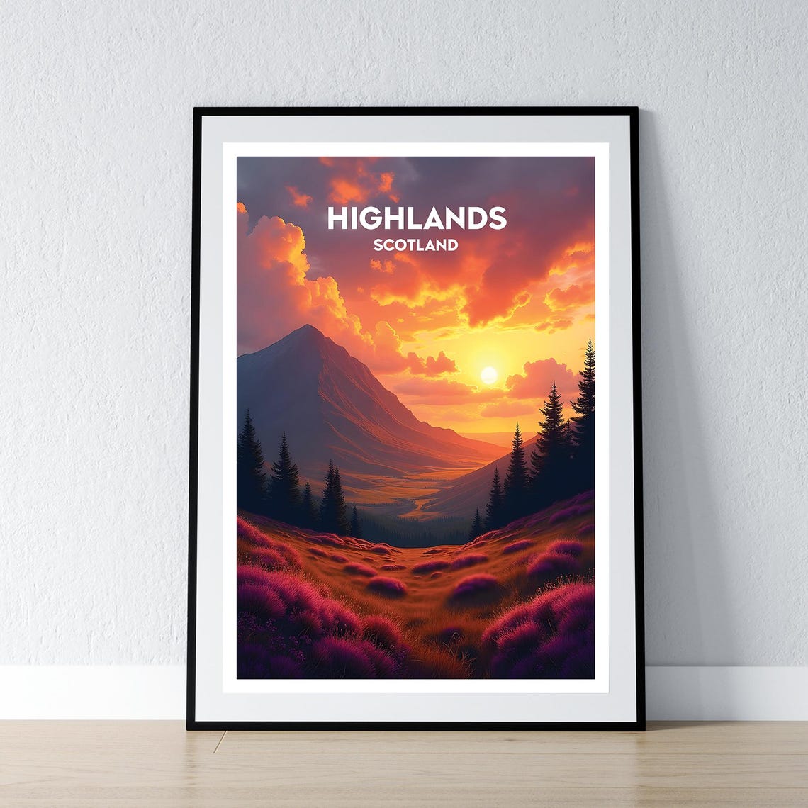 Scottish Highlands Golden Sunset Poster Purple Heather Valley Decor