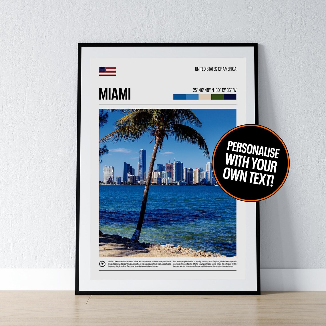 Miami USA Coordinates Travel Poster Beach Skyline Palm Tree Gift For Travelers