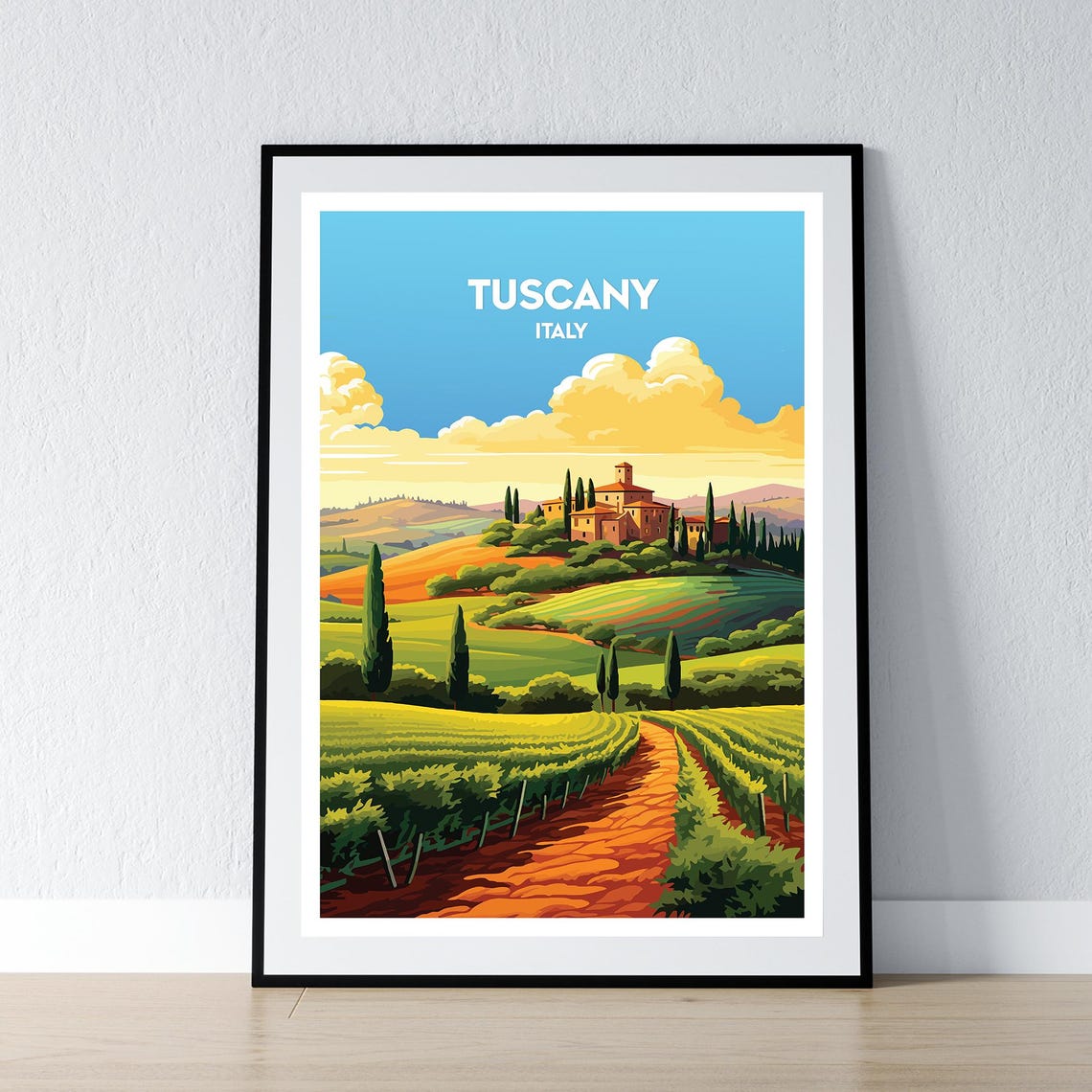 Tuscany Italy Vineyard Hills Villa Sunset Travel Poster Artwork