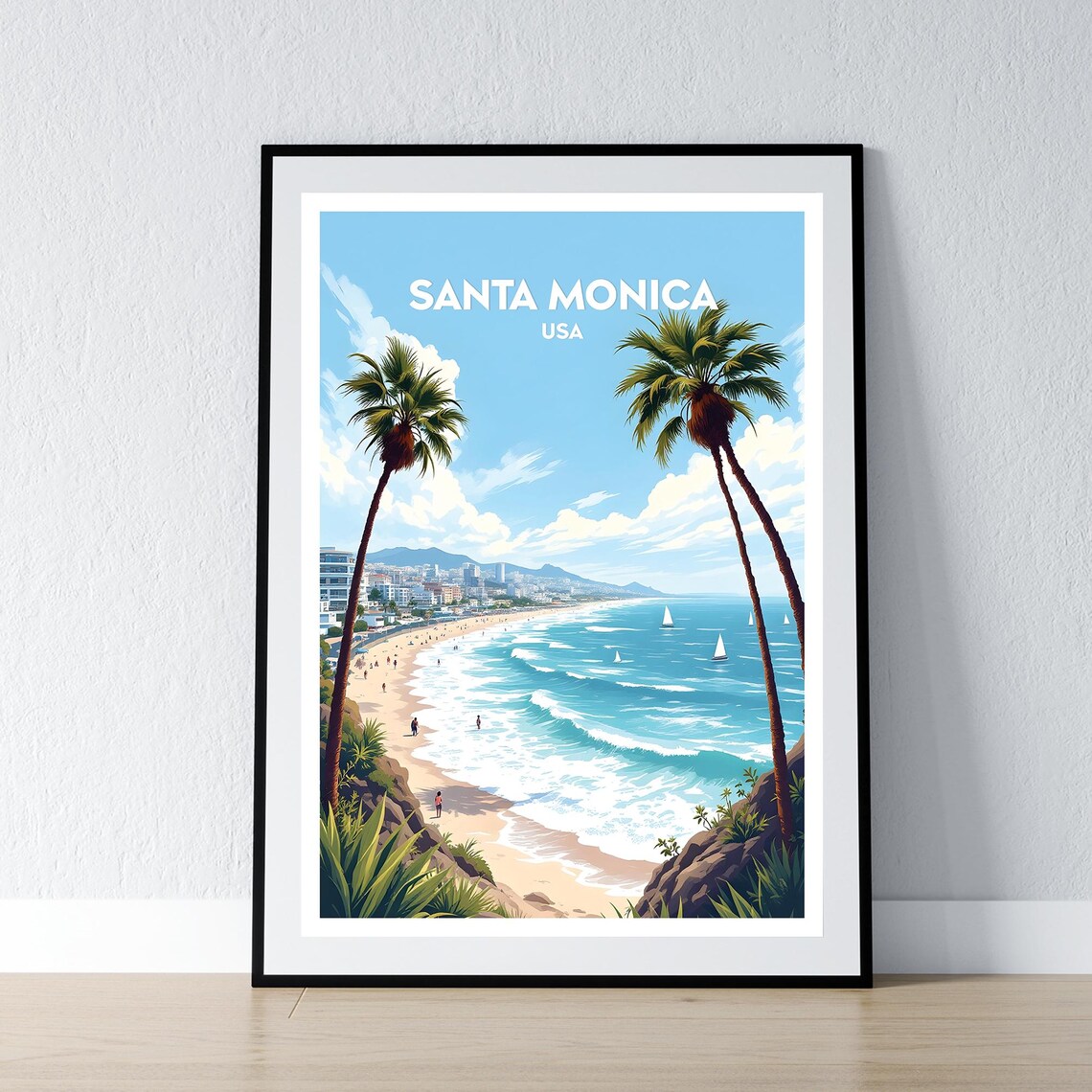 Santa Monica Beach Palm Trees Sailboats USA Retro Travel Poster