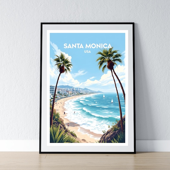 Santa Monica Beach Palm Trees Sailboats USA Retro Travel Poster