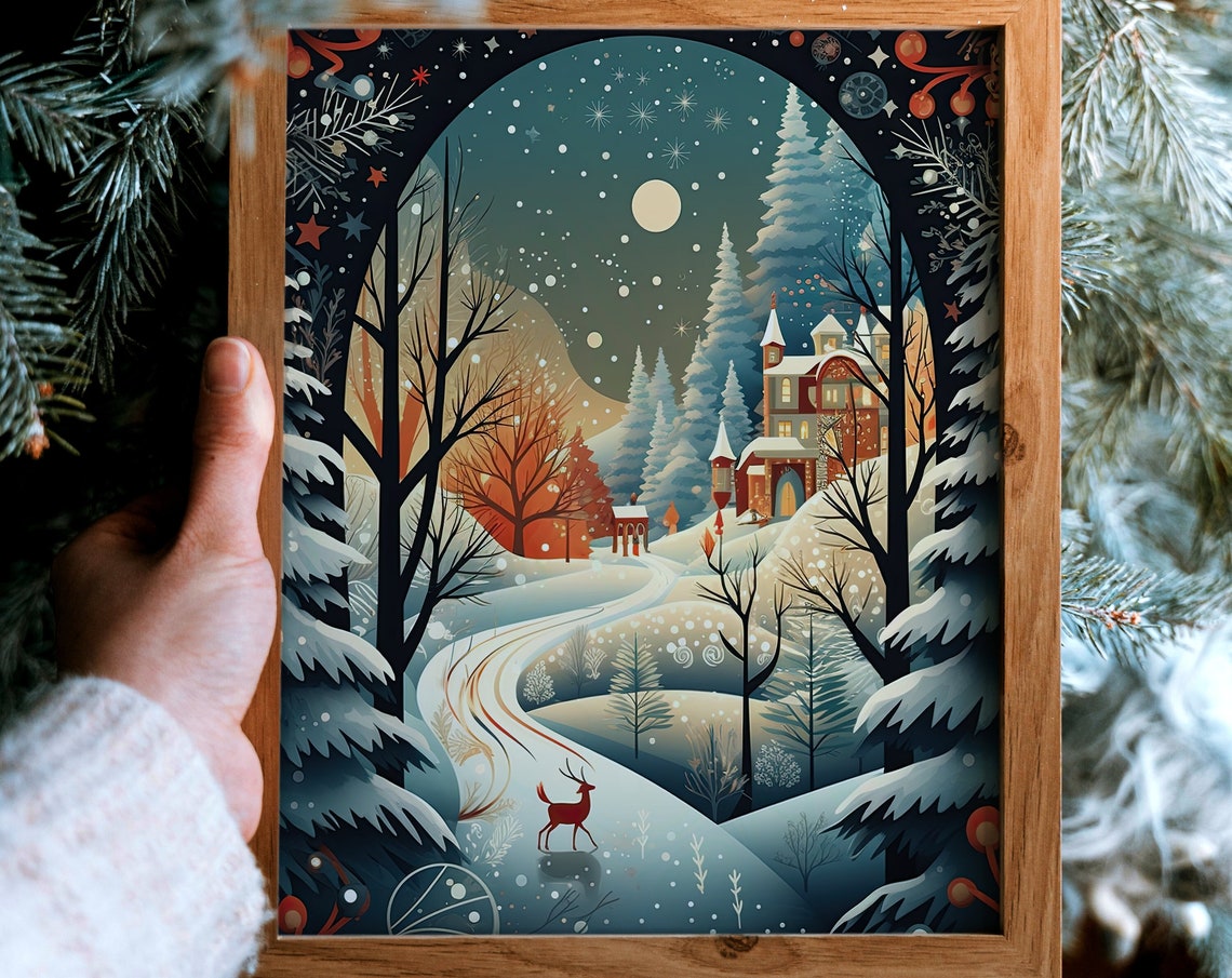 Winter Wonderland Deer Cabin Snowy Forest Moonlit Night Poster - Image 7