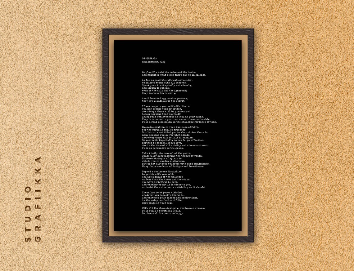 Desiderata Max Ehrmann 1927 Typewriter Text White on Black Poster - Image 2