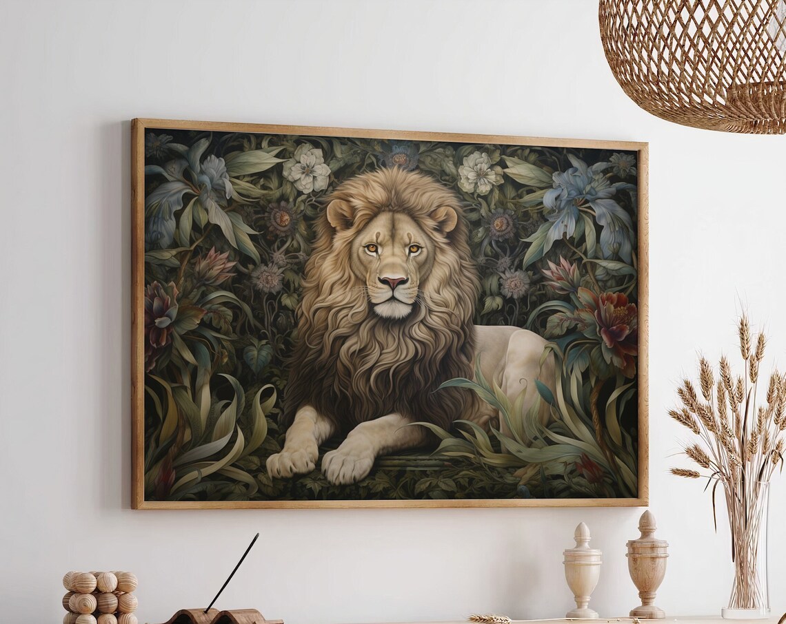 Majestic Lion Resting Among Dark Blooms Vintage Animal Poster - Image 4