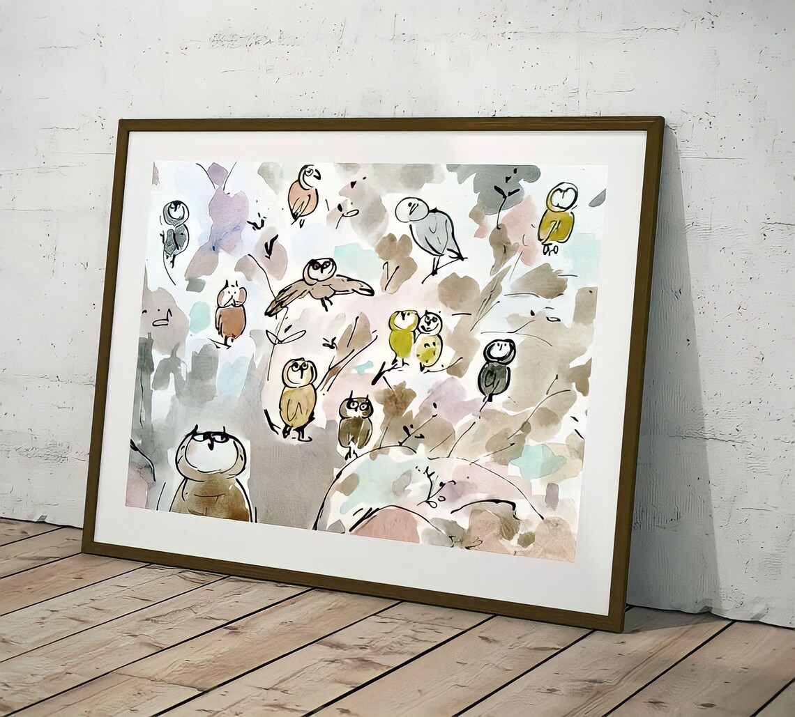 Whimsical Owl Gathering Colorful Loose Ink Wash Funny Art Poster - Image 2