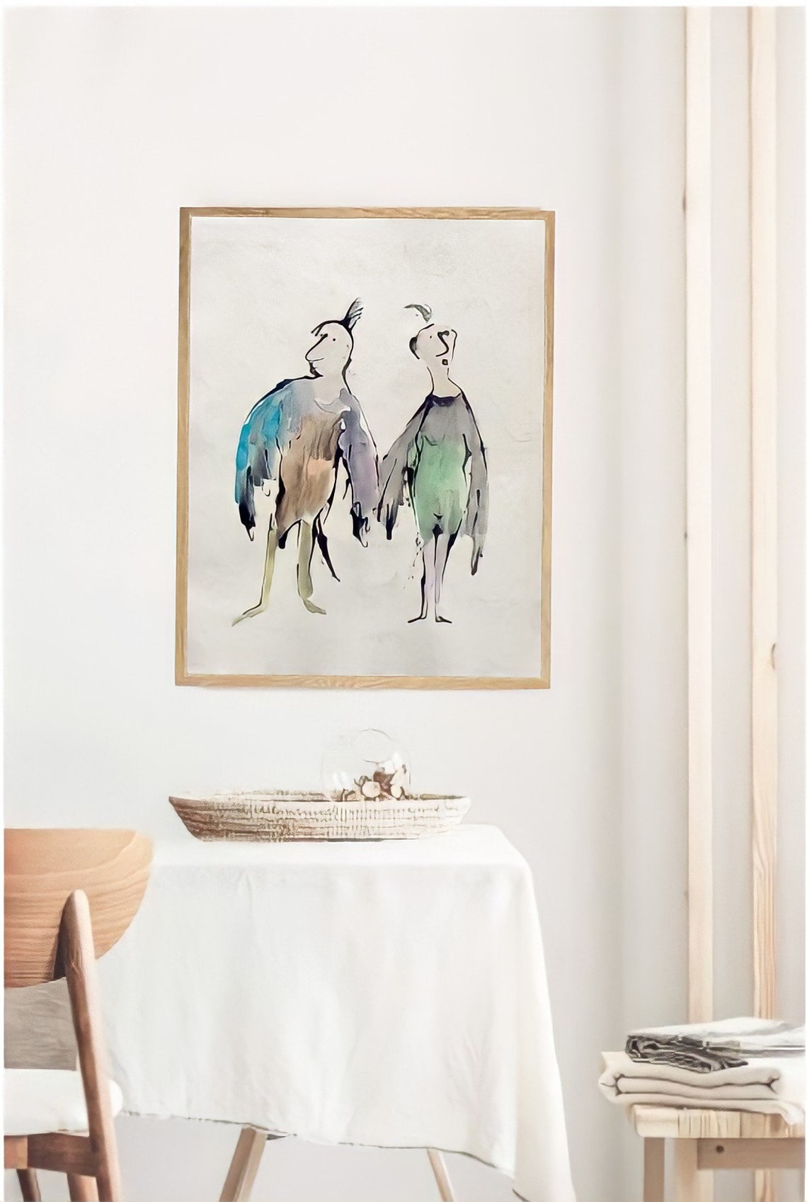 Whimsical Pair Of Quirky Bird People Loose Watercolor Art Poster - Image 2
