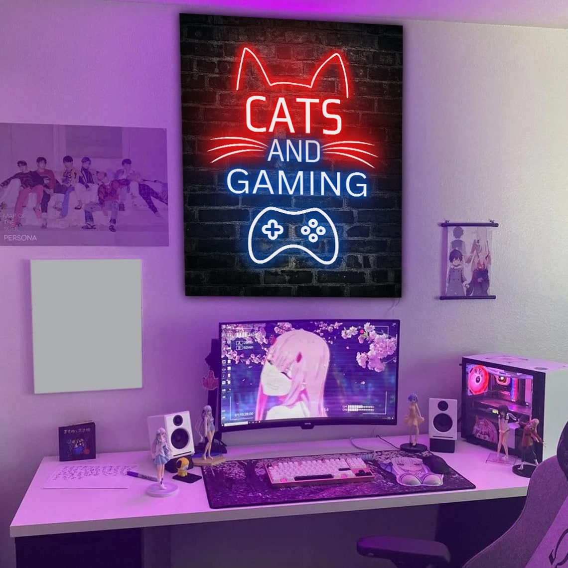Cats And Gaming Neon Sign Style Brick Wall Game Room Art Poster - Image 2