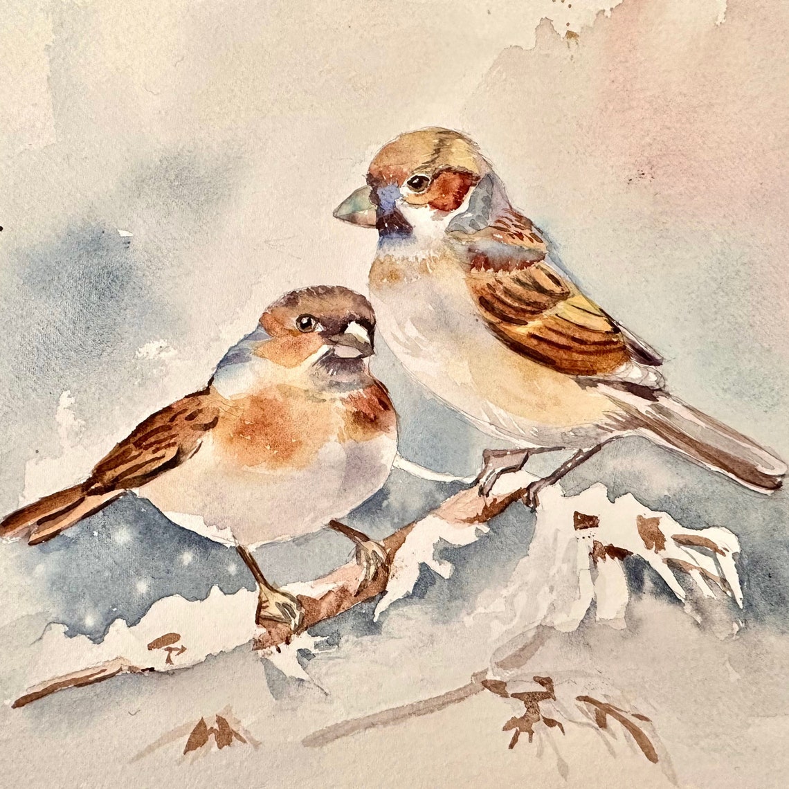 Two Sparrows Resting on Snowy Branch Winter Watercolor Painting Poster - Image 4