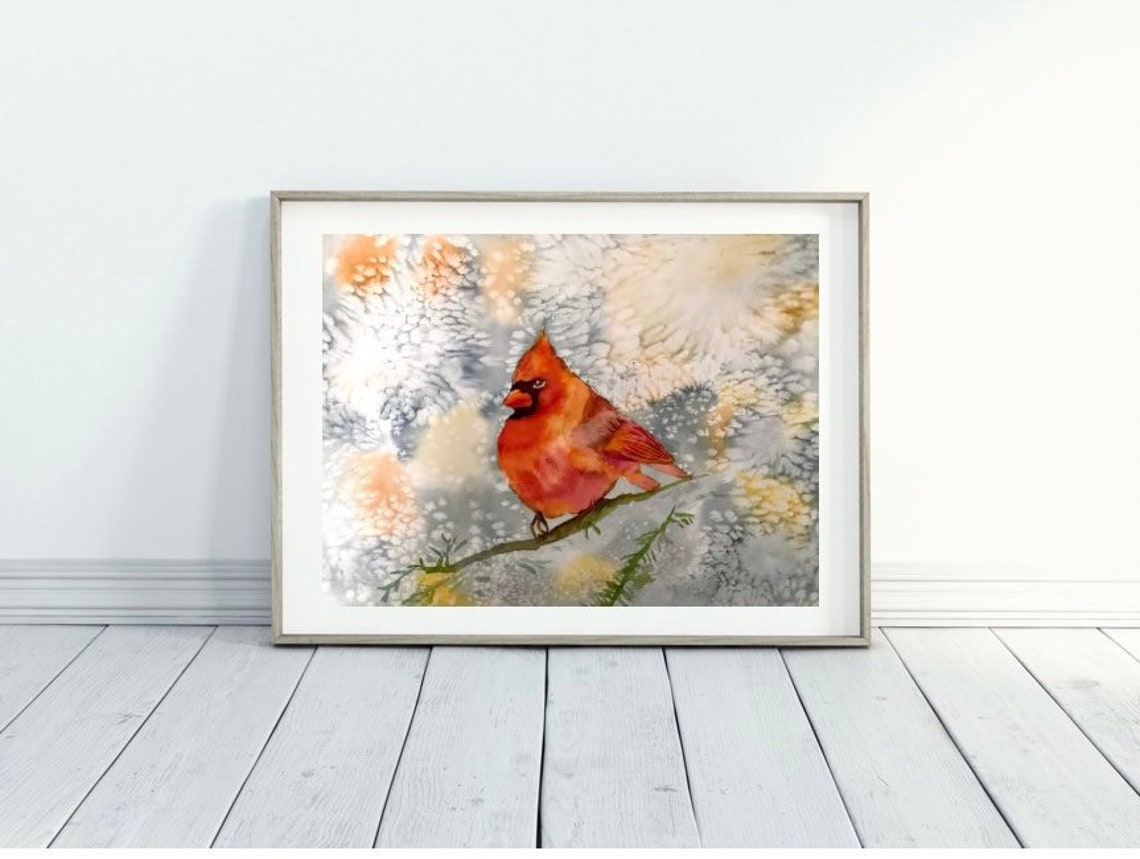 Red Northern Cardinal in Winter Watercolor Christmas Bird Poster - Image 3