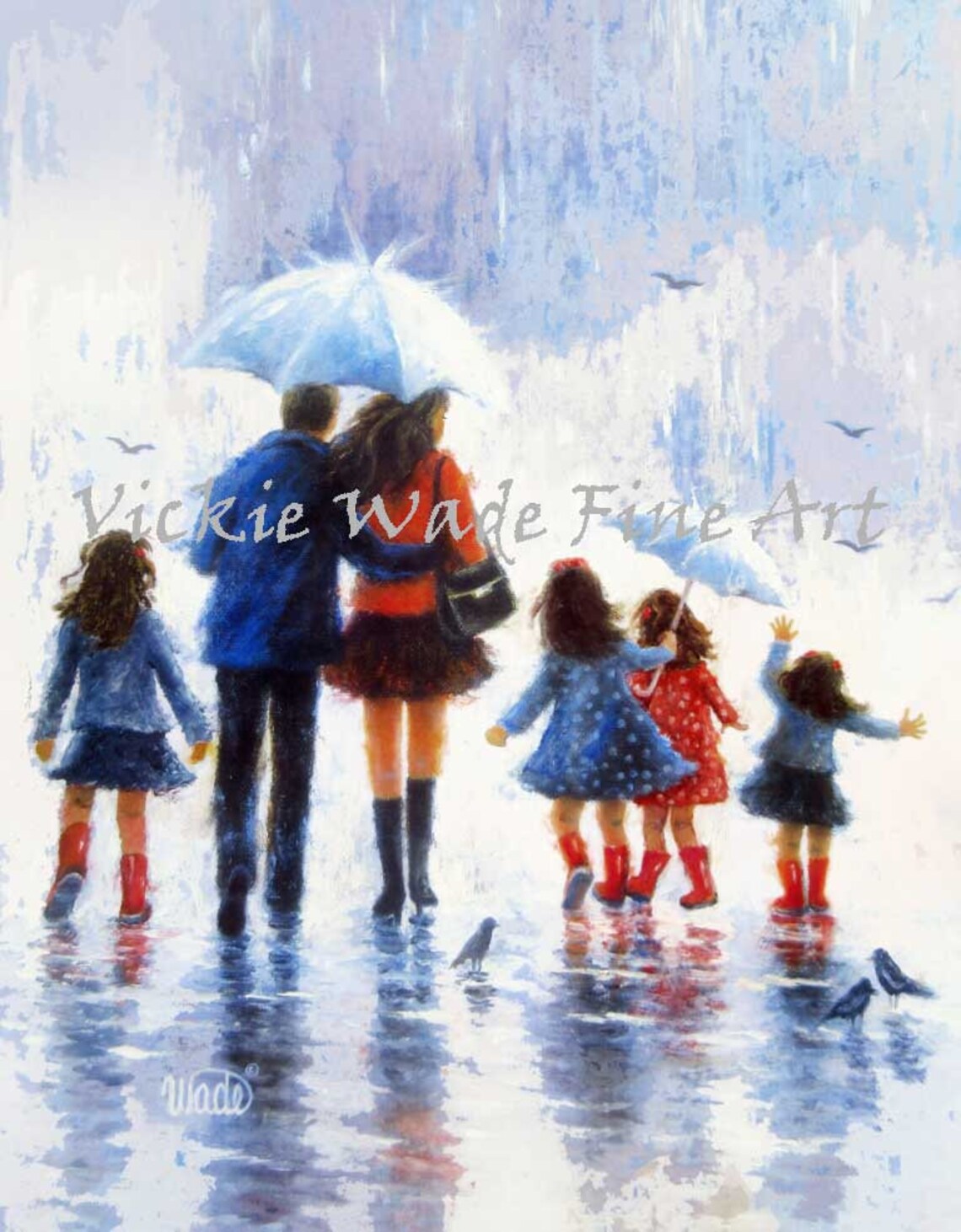 Four Sisters Art Print Four Daughters Four Girls Father Mother Rain People Rain Family Blue Red Wall Art Umbrellas Vickie Wade Art