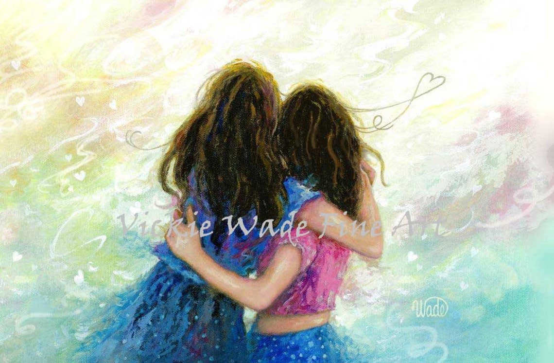 Two Brunette Sisters Hugging in Blue and Pink Dresses Poster