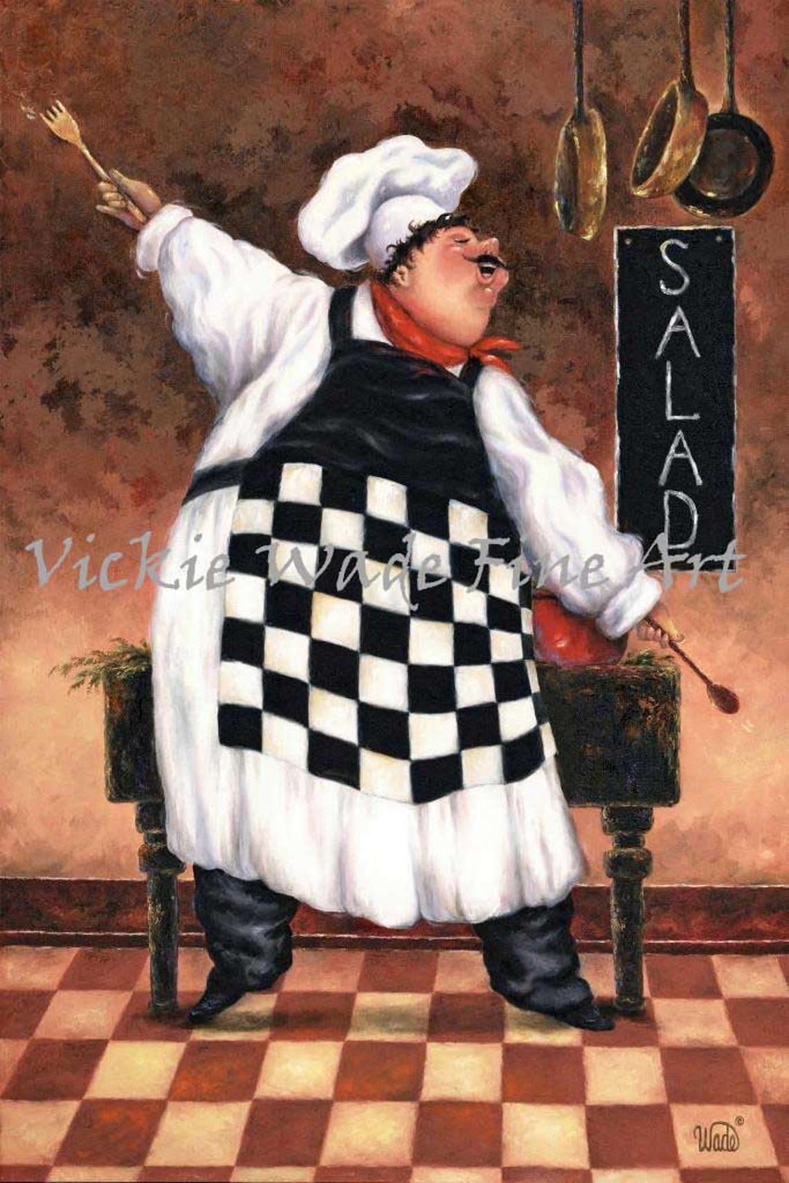 Whimsical Fat Chef Dancing with a Fork Beside a SALAD Sign Poster