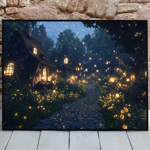 Firefly Village Night Glowing Cottages Cobblestone Fantasy Art Poster