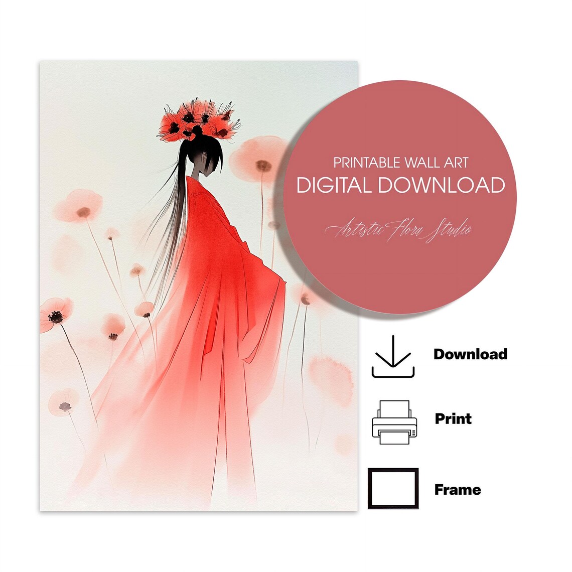 Geisha Red Kimono Watercolor Japanese Woman Portrait Floral Art Poster - Image 3