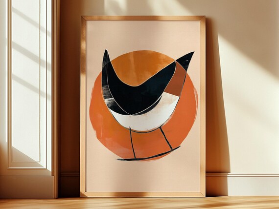 Abstract Bird Graphic Illustration Art Orange Circle Wall Art Geometric Brown Autumn Home Decor Drawing Cubism Picasso Style 193