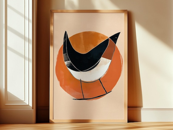 Geometric Swallow Bird Orange Sun Circle Mid Century Art Poster