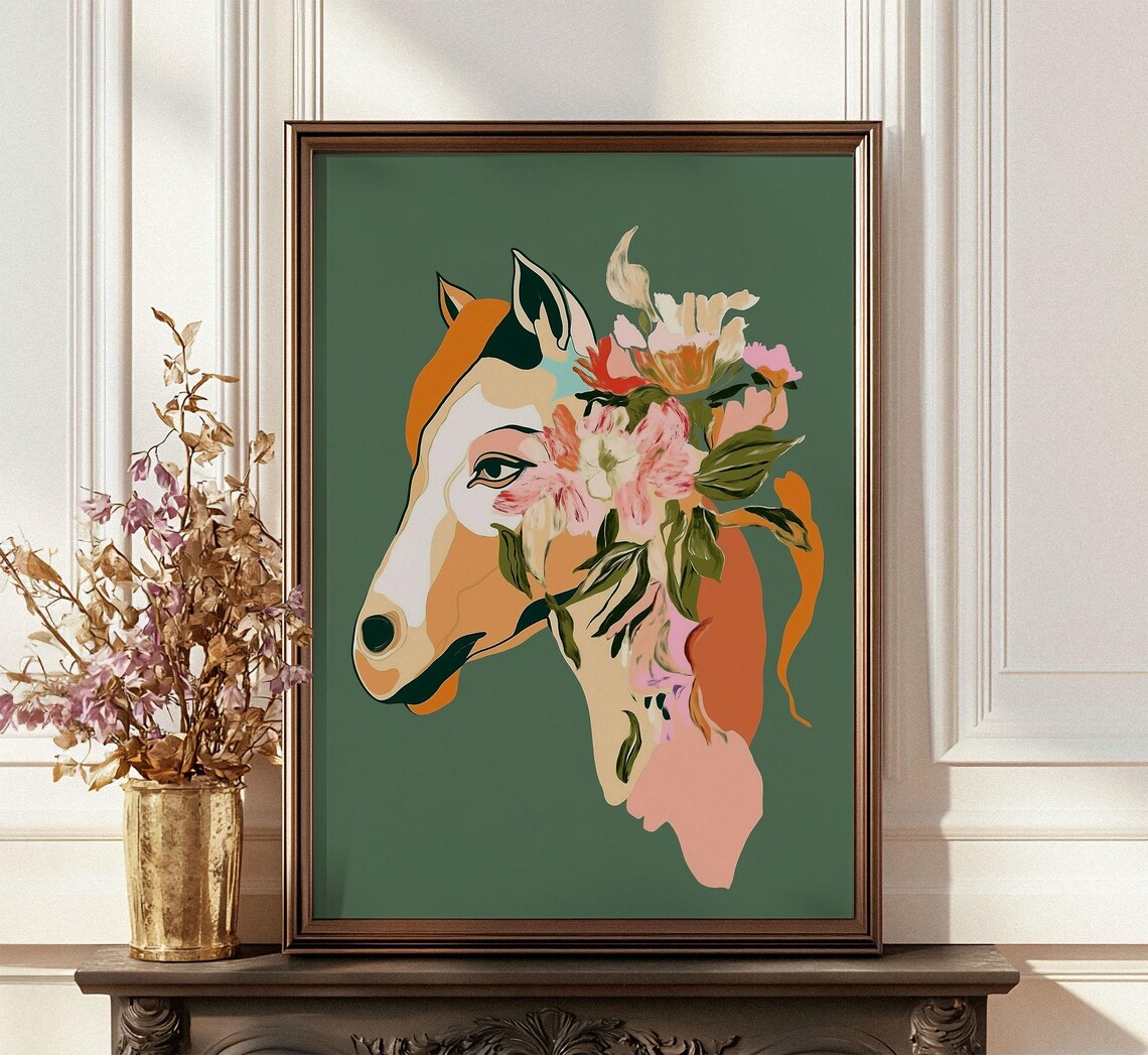 Horse Head Floral Mane Sage Green Abstract Oil Painting Poster - Image 4