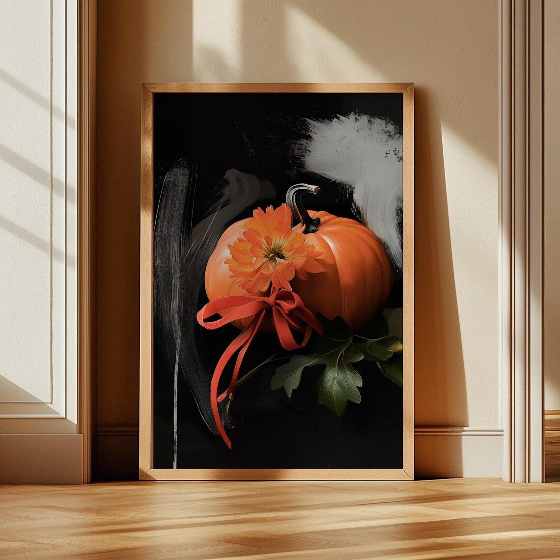 Orange Pumpkin With Red Bow And Dahlia On Black Moody Art Poster