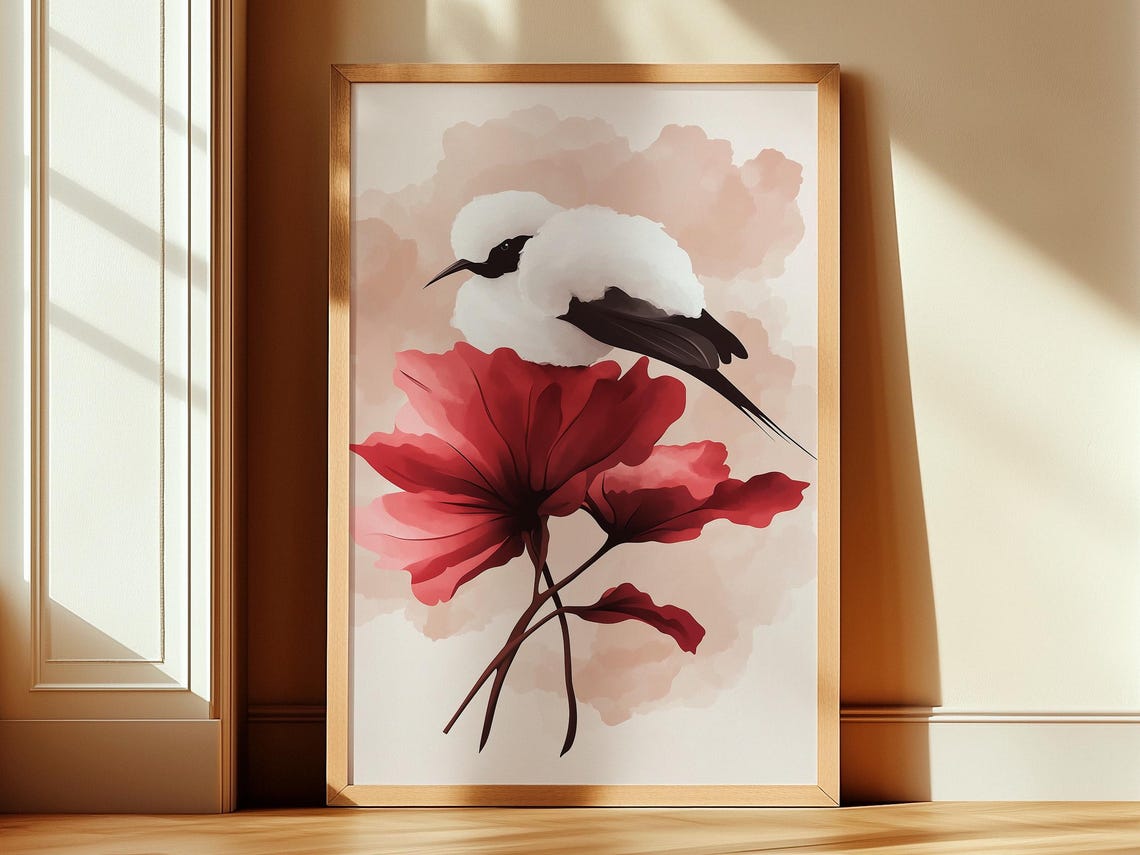 Fluffy Black White Bird Red Blossom Soft Watercolor Art Poster