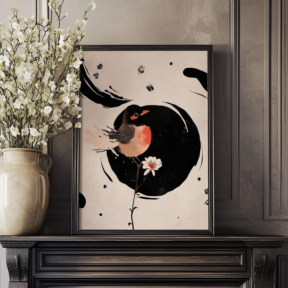 Robin Bird Blossom Black Ink Circle Japandi Minimal Wall Poster - Image 3