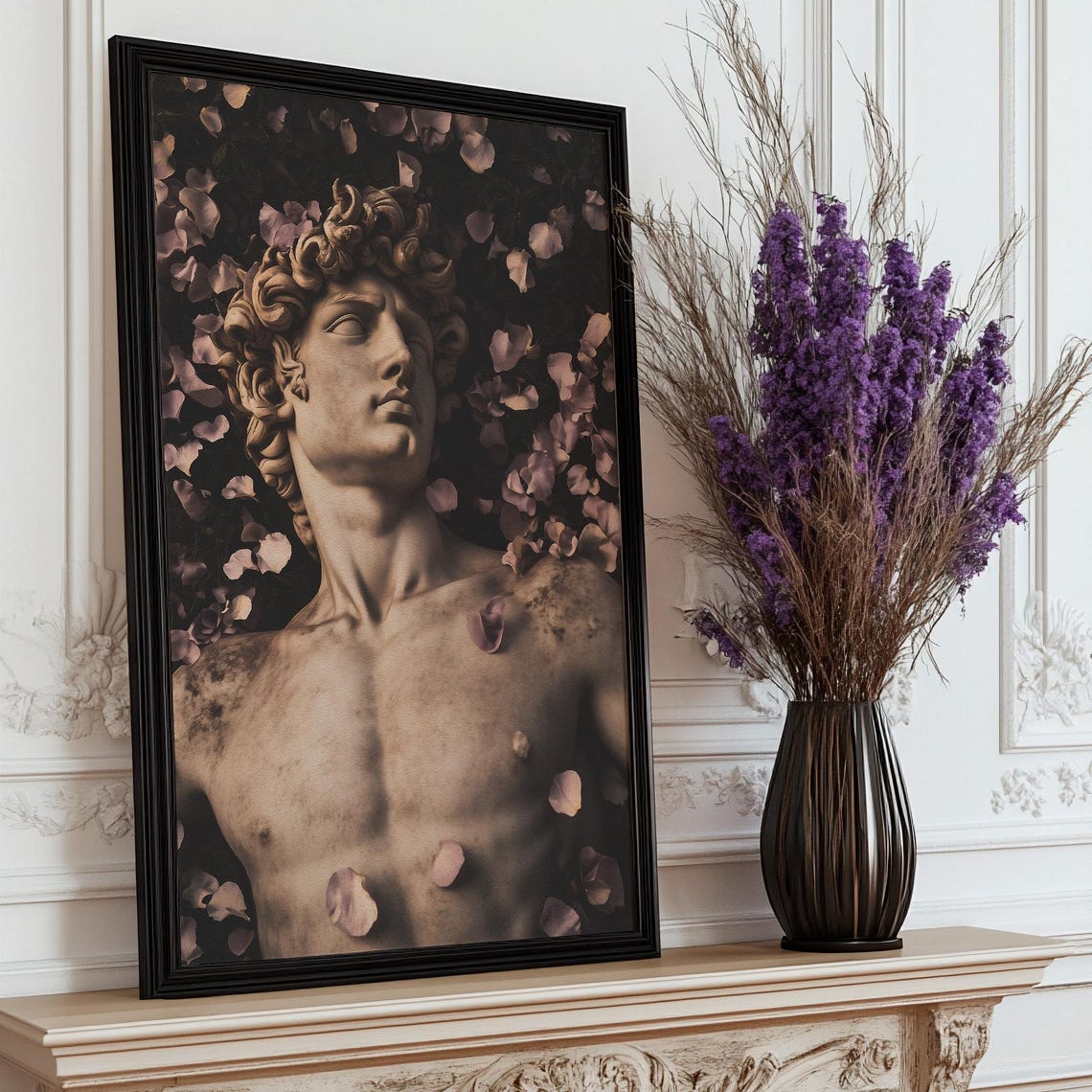 David Statue Bust with Dark Moody Rose Petals Classical Poster - Image 2