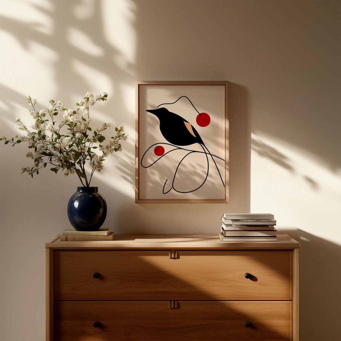 Abstract Black Bird Red Sun Minimalist Modern Line Art Poster - Image 3
