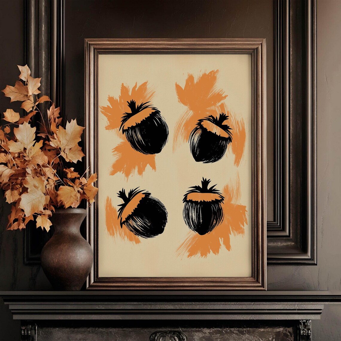 Abstract Acorn Sketch Set Orange Brushstroke Minimalist Art Poster - Image 4
