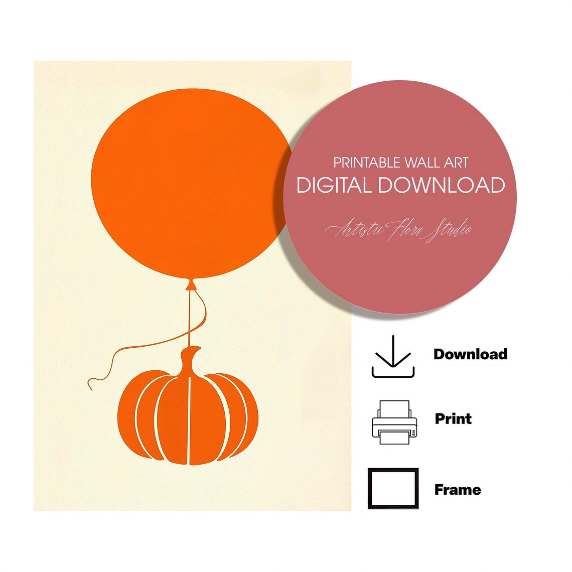Orange Balloon Tied To Pumpkin Minimalist Halloween Fall Art Poster - Image 3