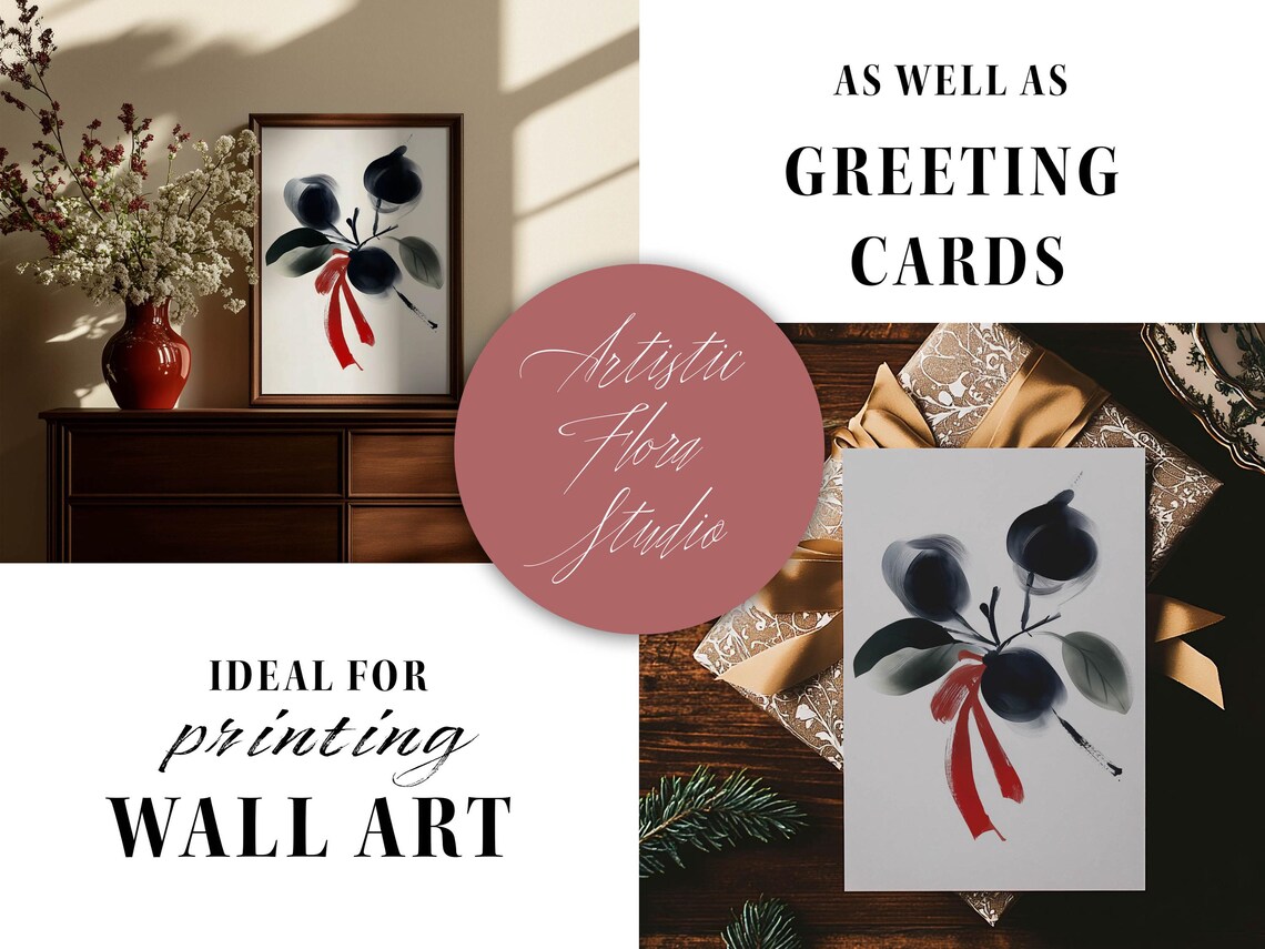 Ink Plum Branch Red Ribbon Watercolor Art and Greeting Card Poster