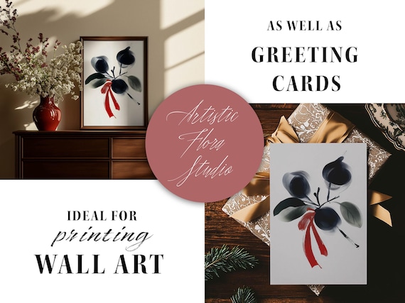 Ink Plum Branch Red Ribbon Watercolor Art and Greeting Card Poster