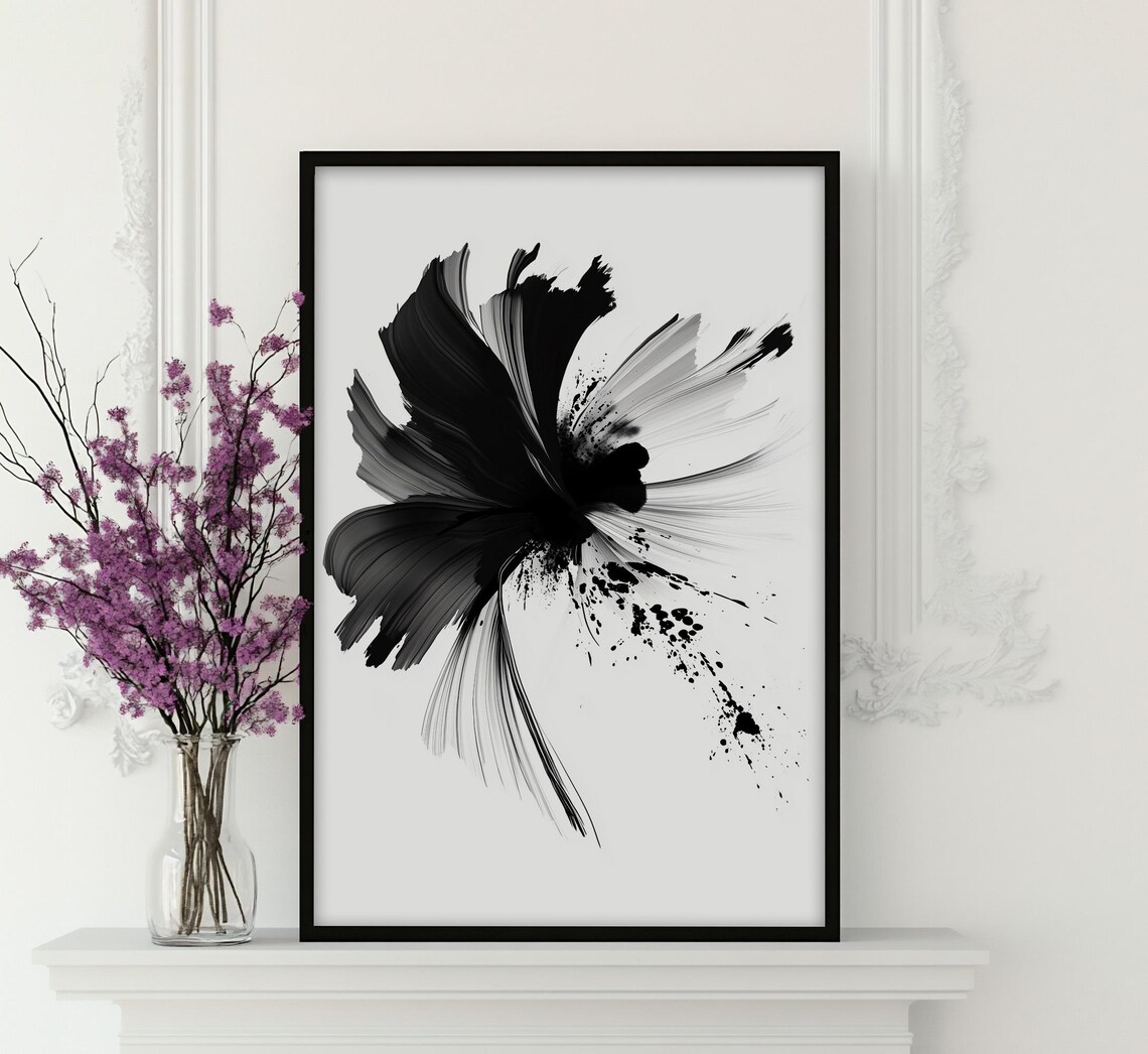 Black Ink Brush Abstract Flower Modern Minimalist Art Poster - Image 4
