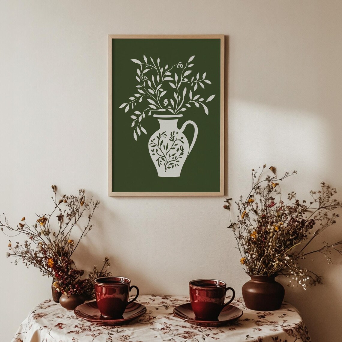 White Olive Branch Vase Silhouette Olive Green Minimalist Poster - Image 4