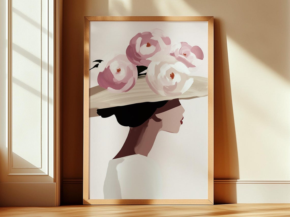 1950s Woman Wall Art Feminine Profile Portrait Oil Painting Floral Hat Illustration Beige Pink Color Palette Art Print File 260